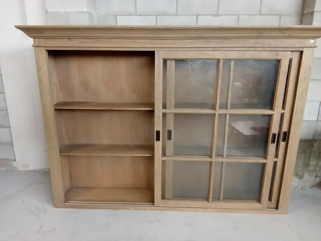 WOODEN DISPLAY CABINET WITH MULTI PANE GLASS SLIDING DOORS, L 222CM X W 39CM X H 155CM Image 1++