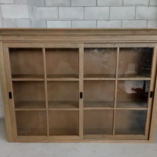 WOODEN DISPLAY CABINET WITH MULTI PANE GLASS SLIDING DOORS, L 222CM X W 39CM X H 155CM