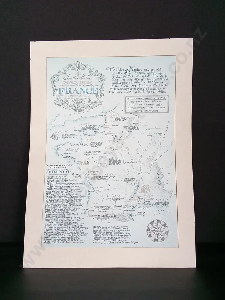 ILLUSTRATED MAP TITLED SOUTH AFRICAN SURNAMES DERIVING DIRECTLY OR INDIRECTLY FROM FRANCE L50CM H68CM Image 1++