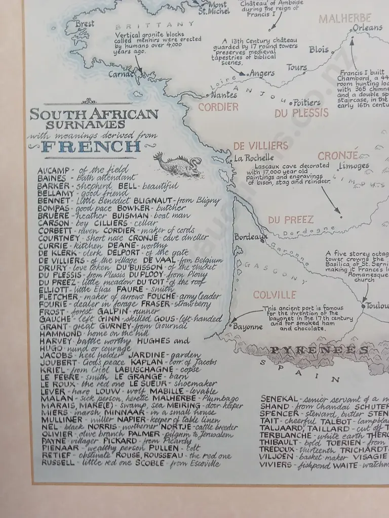 ILLUSTRATED MAP TITLED SOUTH AFRICAN SURNAMES DERIVING DIRECTLY OR INDIRECTLY FROM FRANCE L50CM H68CM Image 1++