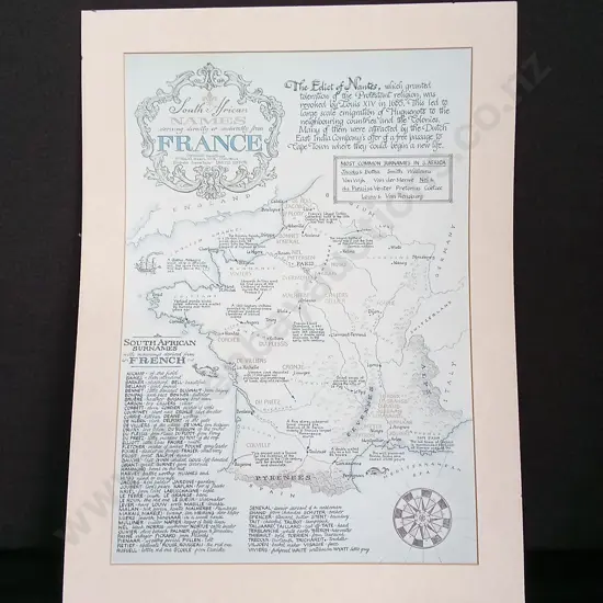 ILLUSTRATED MAP TITLED SOUTH AFRICAN SURNAMES DERIVING DIRECTLY OR INDIRECTLY FROM FRANCE L50CM H68CM