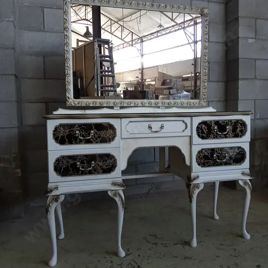 FRENCH STYLE VANITY DRESSER WITH GLASS TOP AND MIRROR