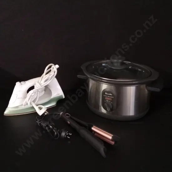 MIX OF APPLIANCES, SLOW COOKER, IRON, AND HAIR WAVE STYLER
