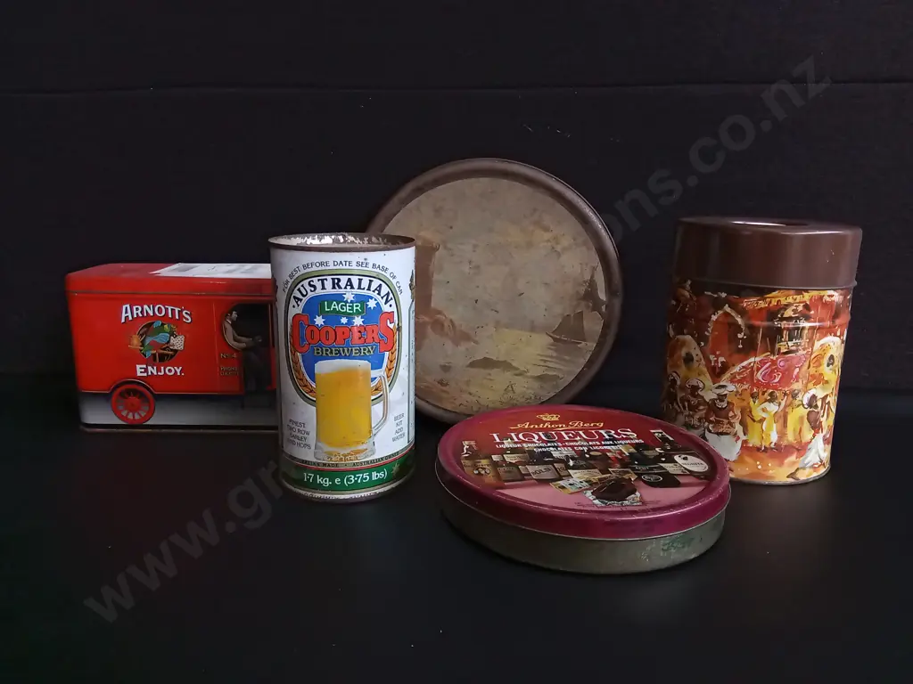 5 VINTAGE TINS, TALLEST H 18 CM Image 1++