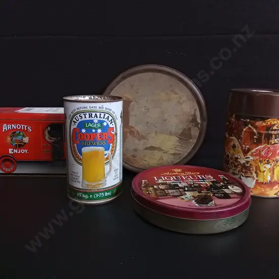 5 VINTAGE TINS, TALLEST H 18 CM