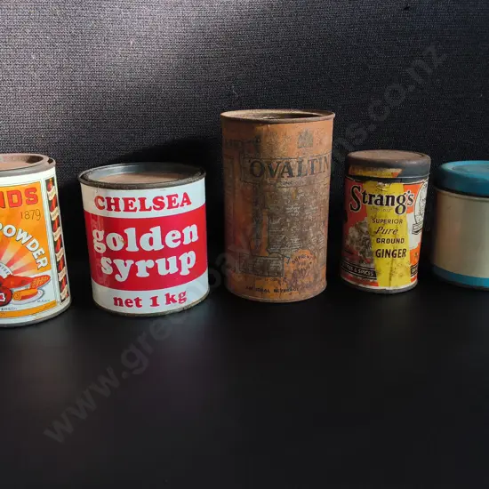 5 VINTAGE NEW ZEALAND GROCERY TINS, TALLEST H 15 CM