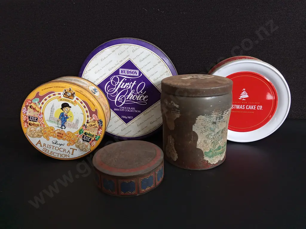 5 PIECES VINTAGE TINS, WIDEST W 21 CM Image 1++