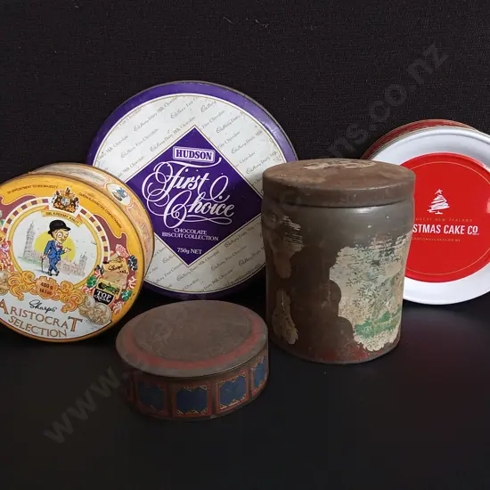 5 PIECES VINTAGE TINS, WIDEST W 21 CM