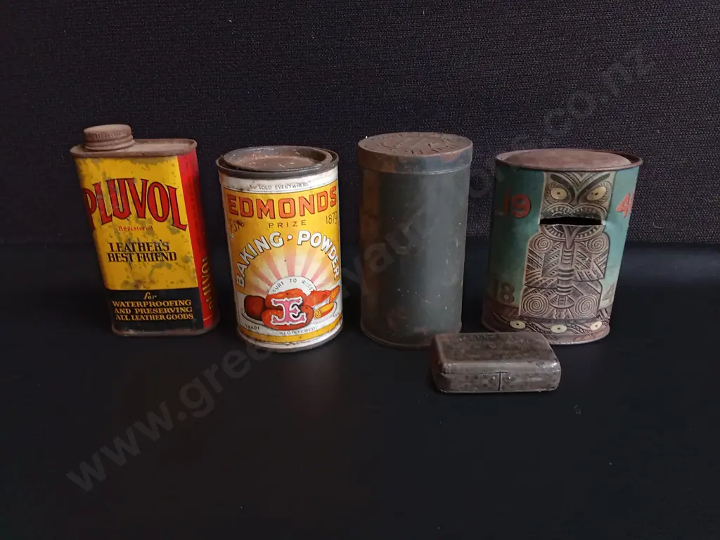 5 VINTAGE TINS, TALLEST H 12 CM Image 1++