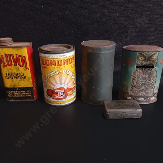 5 VINTAGE TINS, TALLEST H 12 CM