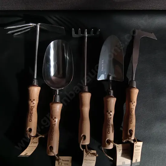 5 PIECES BRAND NEW TAKASHO GARDENING HAND TOOLS, SCYTHE, TROWEL, RAKE, SCOOP, HOE/FORK