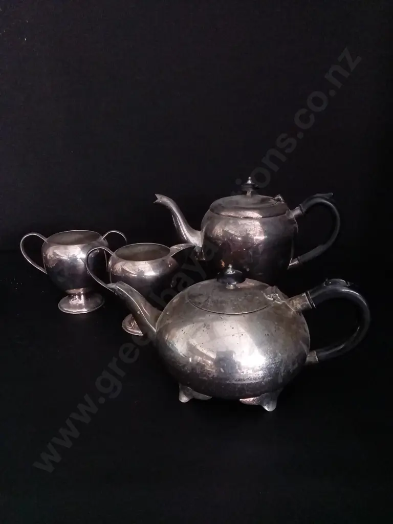SET OF VINTAGE SILVER PLATED TEA SERVICE SET, HARD SOLDERED E.P.N.S. A1, INCLUDING ADDITIONAL TEAPOT, PLATE AND SHAKERS Image 1++