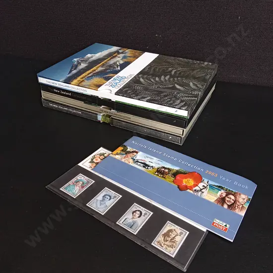 NZ POST STAMP YEAR BOOKS, NORFOLK ISLAND STAMPS, AND QUEEN MOTHER STAMPS, 6 PIECES