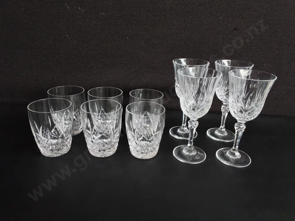 VINTAGE CUT GLASSWARE, SET OF 4 STEMMED WINE GOBLETS, SET OF 6 TUMBLERS, TALLEST H 16.5 CM Image 1++