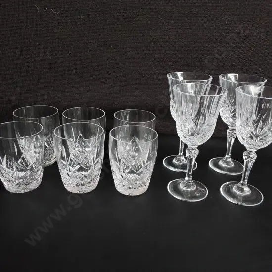 VINTAGE CUT GLASSWARE, SET OF 4 STEMMED WINE GOBLETS, SET OF 6 TUMBLERS, TALLEST H 16.5 CM