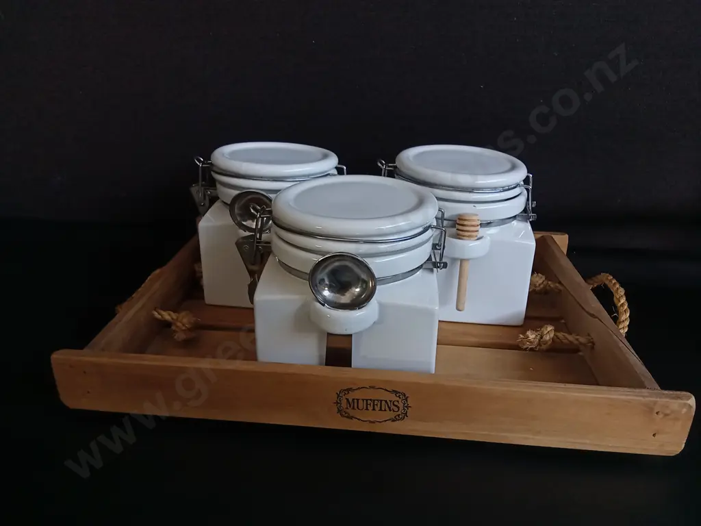 WOODEN TRAY AND 3 VINTAGE KITCHEN CANISTERS, TRAY W 40 CM Image 1++