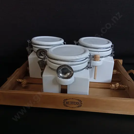 WOODEN TRAY AND 3 VINTAGE KITCHEN CANISTERS, TRAY W 40 CM