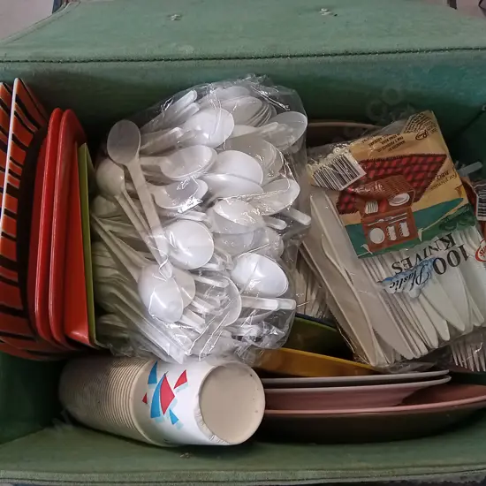 BOX OF TABLEWARE PLASTIC AND PAPER
