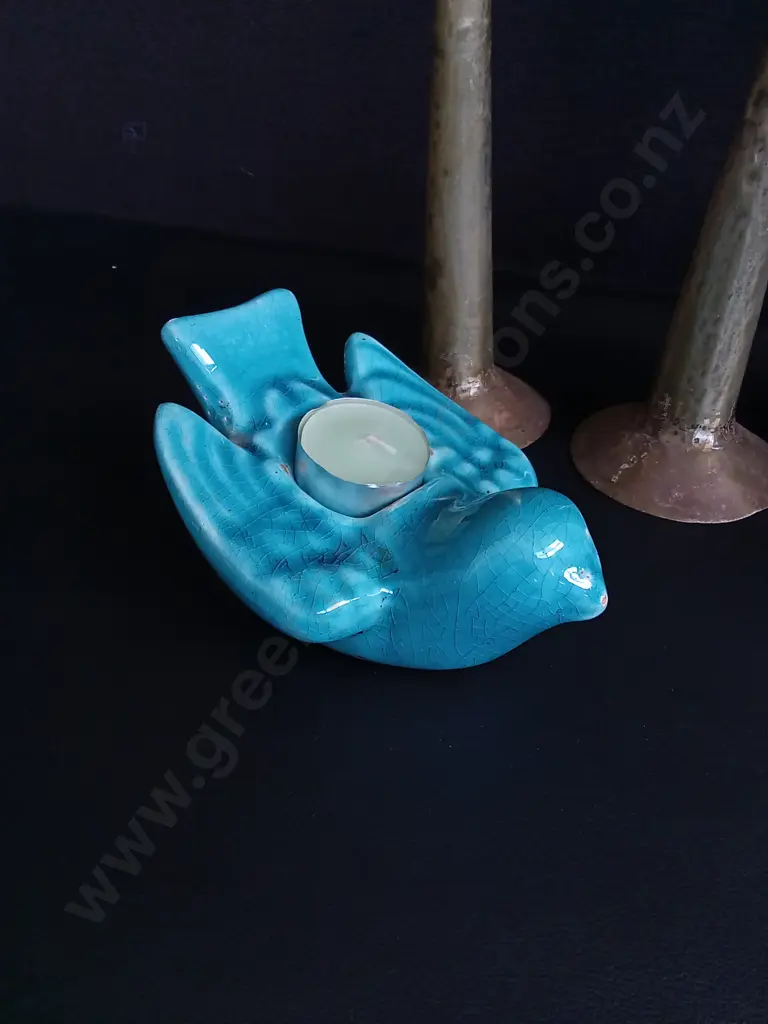 5 PIECES CANDLESTICKS AND CERAMIC BIRD CANDLE HOLDER, TALLEST H 37 CM Image 1++