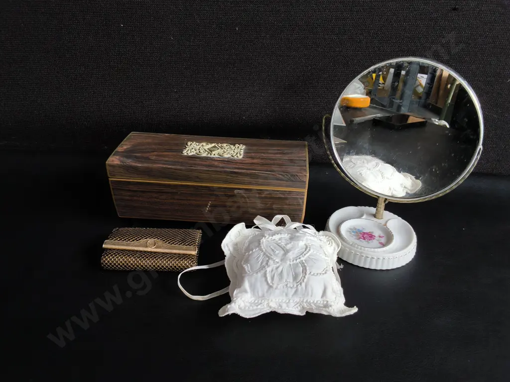 VINTAGE VANITY ITEMS, MIRROR, JEWELERY BOX, ETC. WIDEST W 22 CM Image 1++