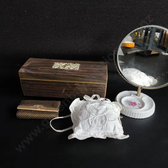 VINTAGE VANITY ITEMS, MIRROR, JEWELERY BOX, ETC. WIDEST W 22 CM