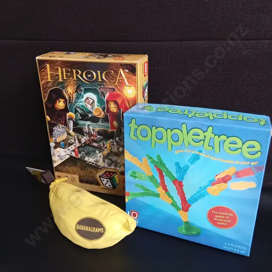 3 PIECES GAMES, BANANA GRAMS, TOPPLETREE, AND LEGO HEROICA