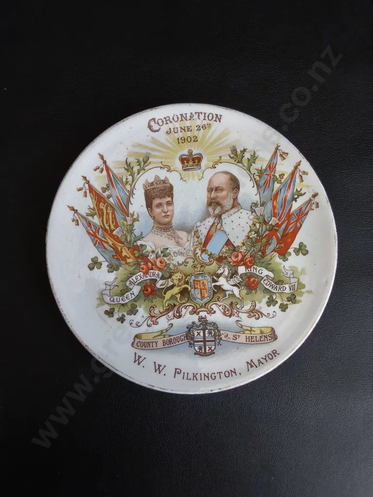 ANTIQUE 1902 KING EDWARD VII AND QUEEN ALEXANDRA CORONATION COMMEMORATIVE PLATE, DISTRIBUTED BY H. WEBB, ST HELENS. Image 1++