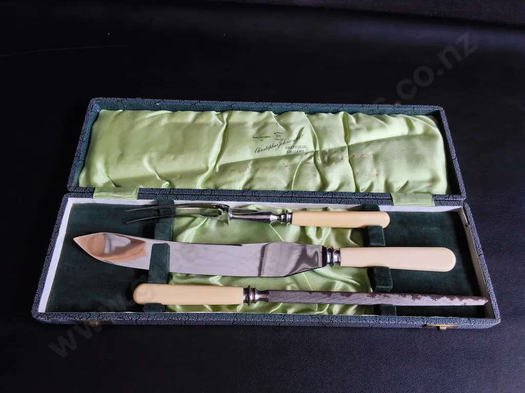 VINTAGE 3 PIECE CARVING SET, CHRISTOPHER JOHNSON & CO. OF SHEFFIELD, STAINLESS STEEL Image 1++