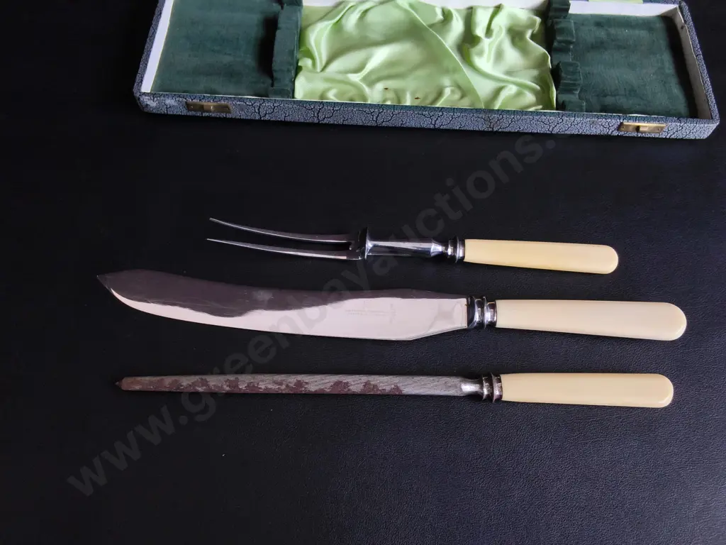 VINTAGE 3 PIECE CARVING SET, CHRISTOPHER JOHNSON & CO. OF SHEFFIELD, STAINLESS STEEL Image 1++