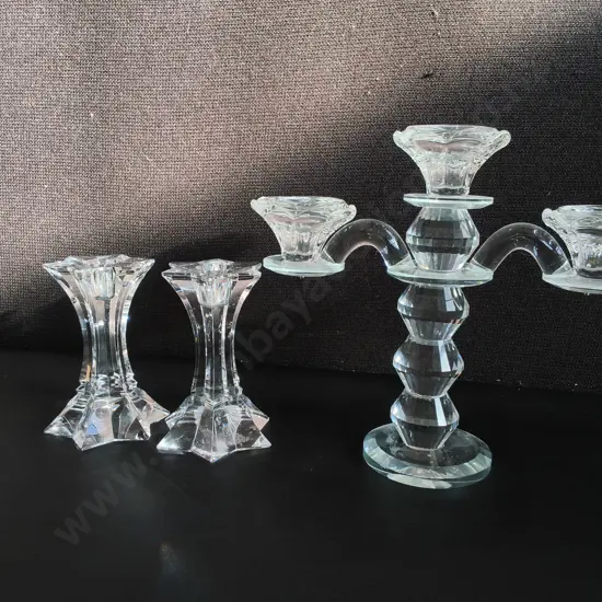 3 PIECES GLASS CANDELABRA AND PAIR OF CANDLESTICK HOLDERS, TALLEST H 19.5 CM