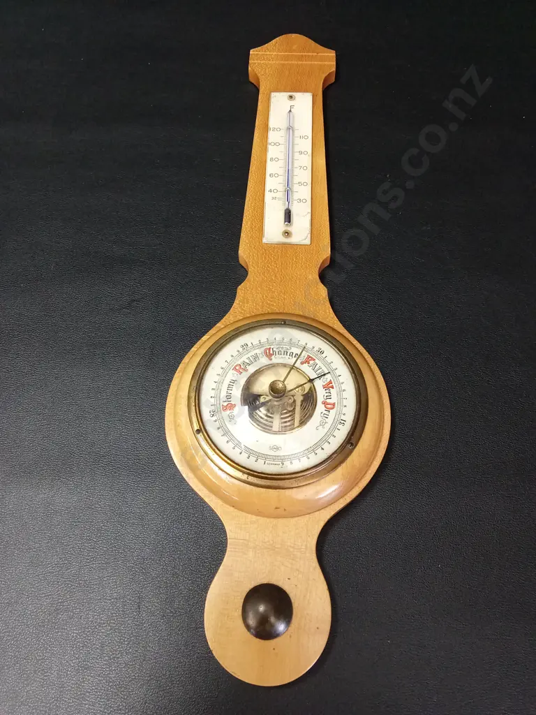 VINTAGE WOOD-MOUNTED WEATHER MASTER BAROMETER H43CM Image 1++