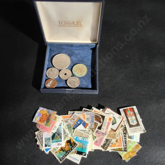 MIX OF COINS AND POSTAGE STAMPS