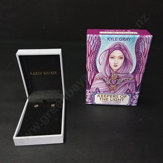 KAREN WALKER SILVER PEACE EARRINGS AND KEEPER OF THE LIGHT CARDS