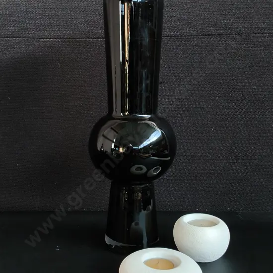 3 PIECES HOME DECOR, PAIR OF STONE TEA LIGHT HOLDERS, AND SCULPTURAL BLACK VASE H 36 CM