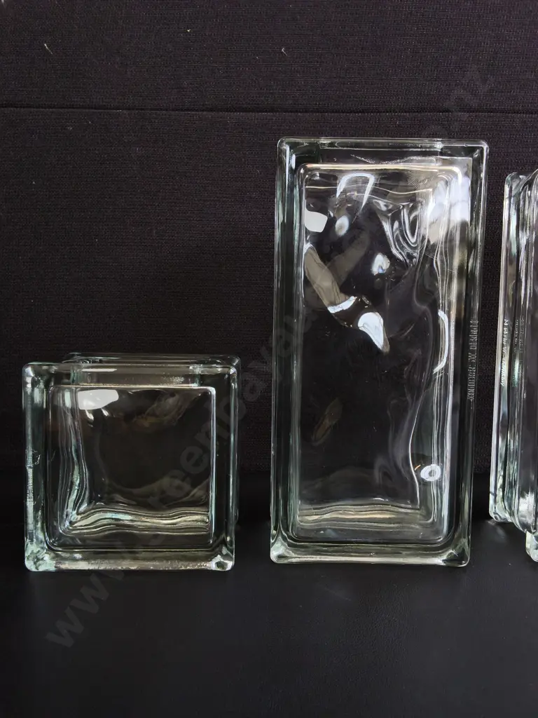 SET OF 3 VINTAGE ARCHITECTURAL WEST GERMAN GLASS BLOCK VASES, TALLEST H 23.5  CM Image 1++