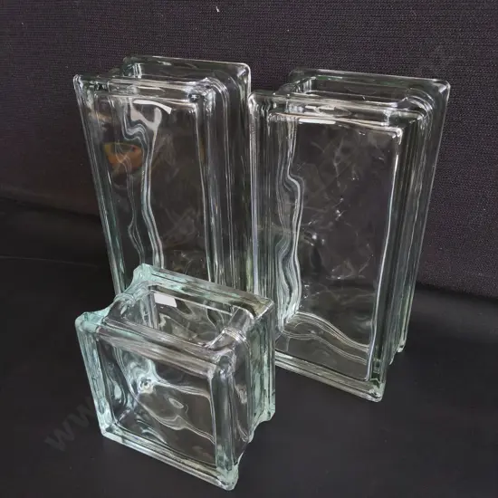 SET OF 3 VINTAGE ARCHITECTURAL WEST GERMAN GLASS BLOCK VASES, TALLEST H 23.5  CM