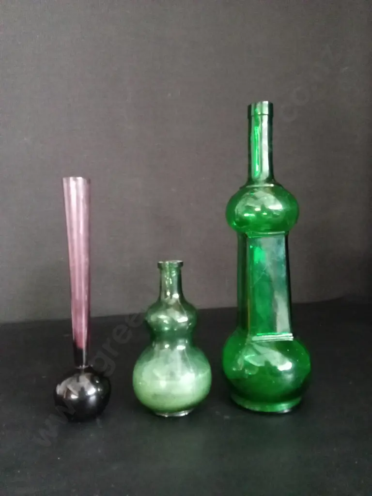 3 VINTAGE ART DECO GLASS BOTTLES / VASES TALLEST H34CM Image 1++