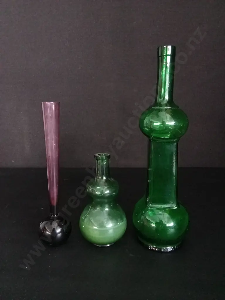 3 VINTAGE ART DECO GLASS BOTTLES / VASES TALLEST H34CM Image 1++