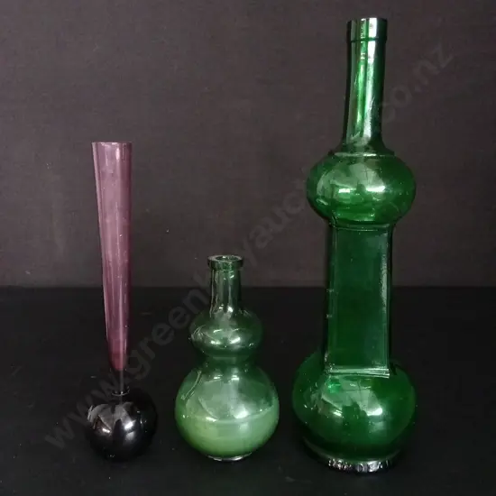3 VINTAGE ART DECO GLASS BOTTLES / VASES TALLEST H34CM