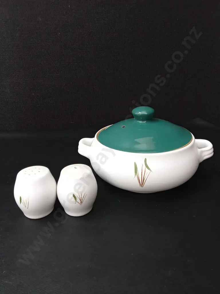 3 DISHES INCLUDING DENBY STONEWARE L21CM WITH MATCHING SIR AND PEPPER SHAKERS Image 1++