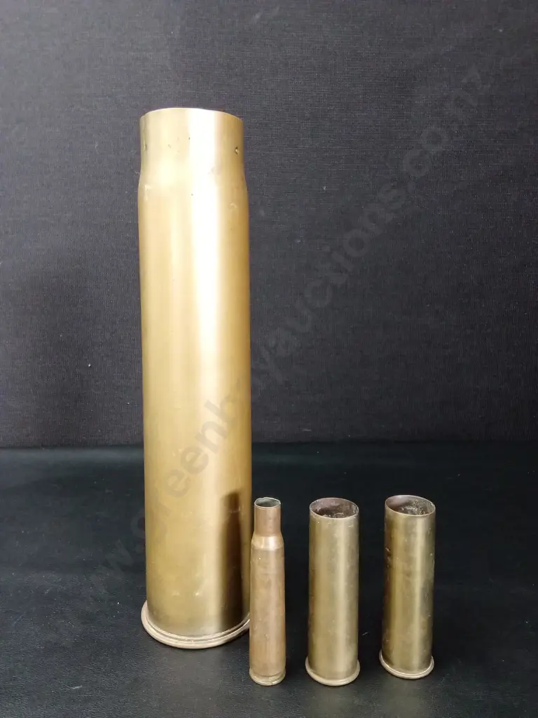 4 VINTAGE EMPTY BRASS METAL SHELL CASINGS TALLEST H30CM Image 1++