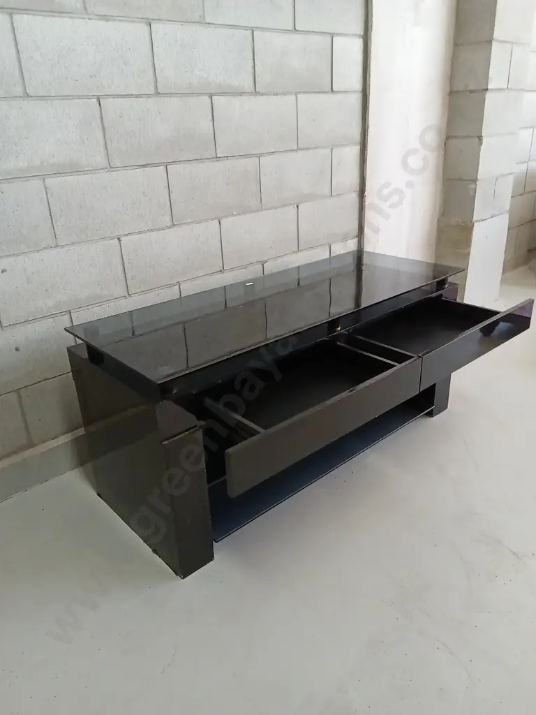 GLASS TOP TV CABINET WITH SHELVES AND DRAWERS, H 50CM X W 121CM X D 49CM Image 1++