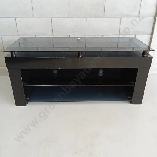 GLASS TOP TV CABINET WITH SHELVES AND DRAWERS, H 50CM X W 121CM X D 49CM