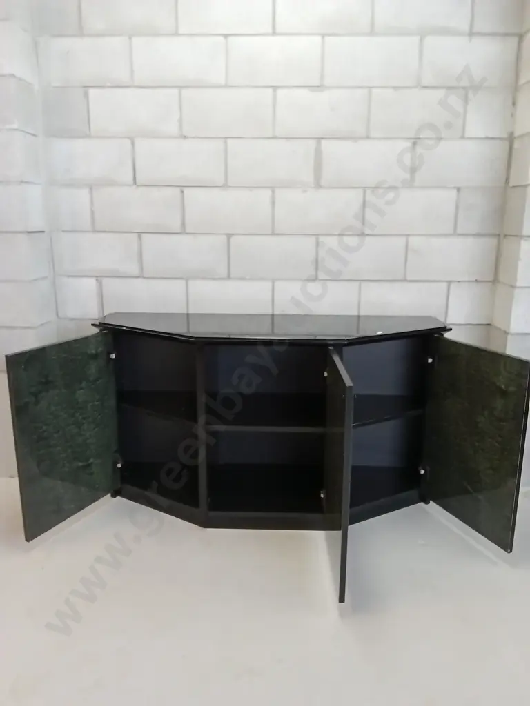 MODERN MULTI-SIDED COUNTER/CABINET WITH GLASS TOP AND TEXTURED DOORS, H 78CM X L 142CM X D 50CM Image 1++