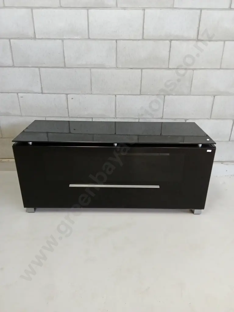 BLACK MODERN TV CABINET WITH GLASS TOP AND DRAWER, L 124CM X H 55CM X D 45CM Image 1++