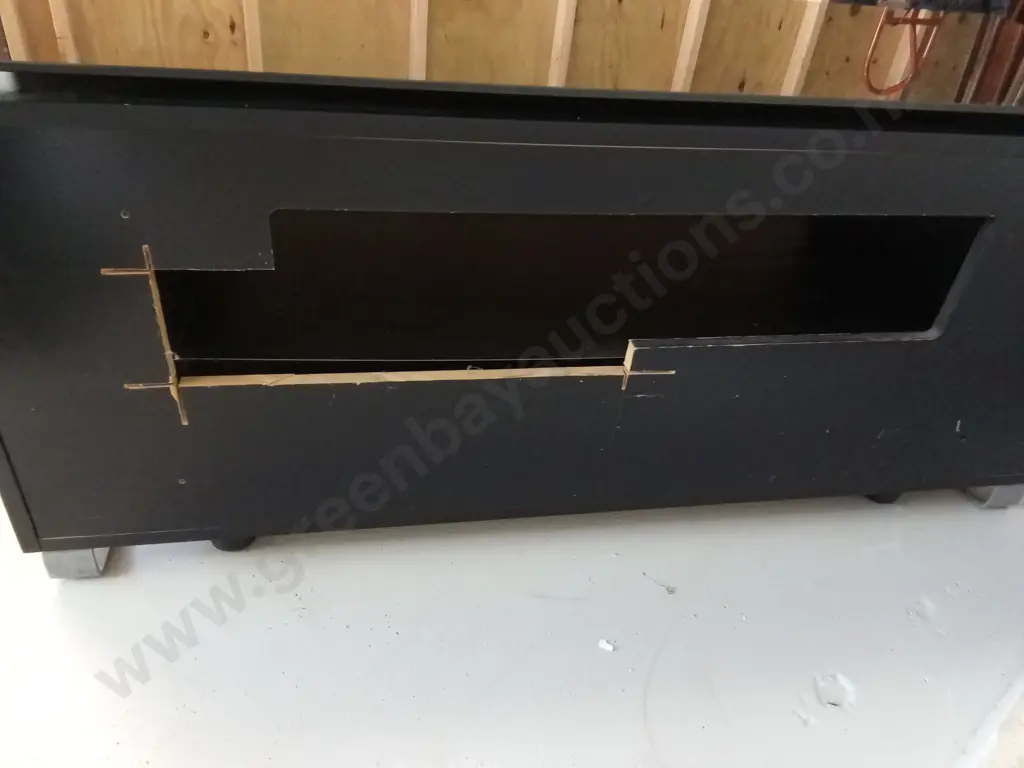 BLACK MODERN TV CABINET WITH GLASS TOP AND DRAWER, L 124CM X H 55CM X D 45CM Image 1++