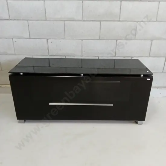 BLACK MODERN TV CABINET WITH GLASS TOP AND DRAWER, L 124CM X H 55CM X D 45CM
