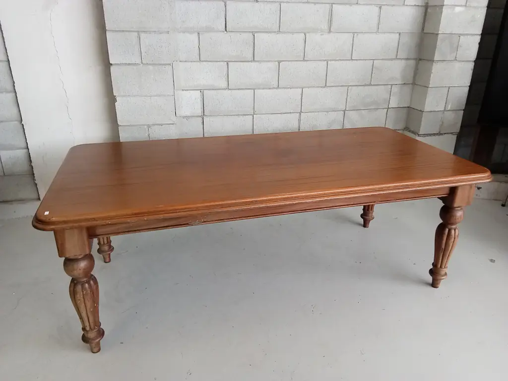 VINTAGE WOODEN 8 PERSON DINING SET WITH CUSHIONED SEATS, H 74CM X L 206CM X W 99CM Image 1++