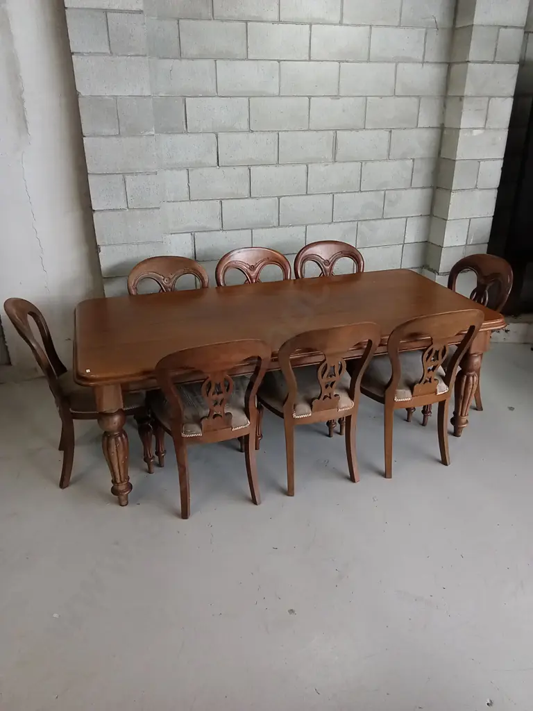 VINTAGE WOODEN 8 PERSON DINING SET WITH CUSHIONED SEATS, H 74CM X L 206CM X W 99CM Image 1++