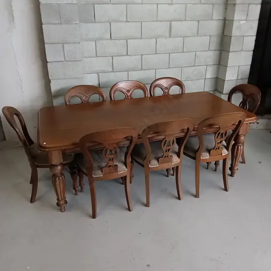 VINTAGE WOODEN 8 PERSON DINING SET WITH CUSHIONED SEATS, H 74CM X L 206CM X W 99CM